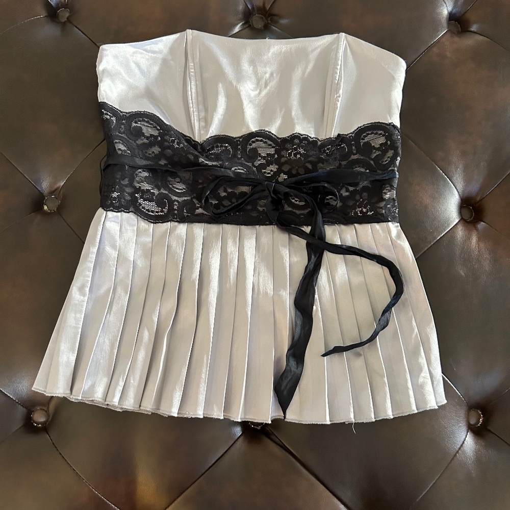 Maurices White Satin Strapless Top with Black Lace Sash